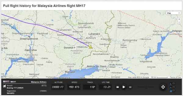 Captura da tela do site Flight Radar 24 mostra a ltima localizao do voo MH17 da Malaysia Airlines, sobrevoando a Ucrnia, prximo a Donetsk(foto: Twitter/FlightRadar24/Reproduo)