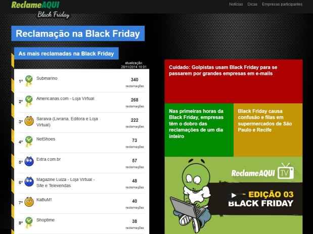 O portal Reclame Aqui criou um hotsite da Black Friday e exibe as lojas online com mais reclamaes de usurios(foto: Reproduo)