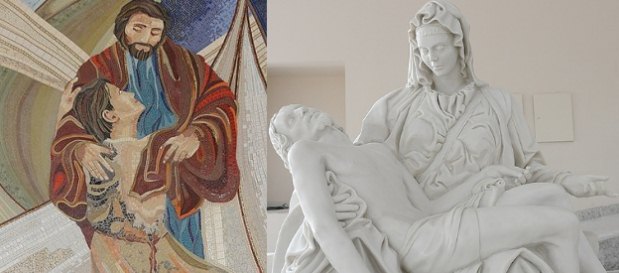 O gigante mosaico de 27 metros e a cpia da imagem da Piet de Michelangelo so duas atraes do templo religioso catlico(foto: Divulgao)