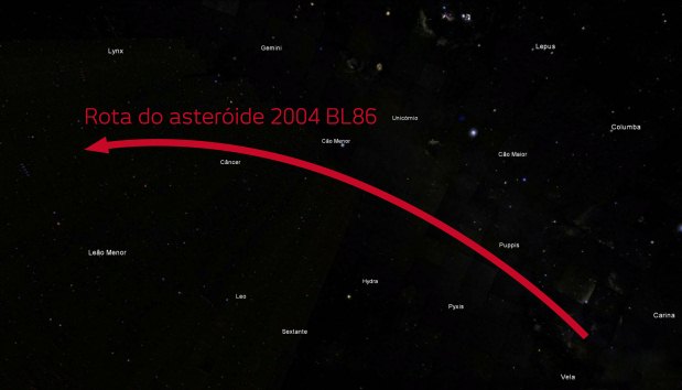 Confira a rota que o asteróide fará pelo céu, para quem quiser tentar acompanhá-lo(foto: Google Earth/Reprodução) Confira a rota que o asteróide fará pelo céu, para quem quiser tentar acompanhá-lo(foto: Google Earth/Reprodução)