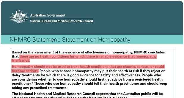 Reprodução do documento emitido pelo Conselho Nacional de Pesquisa Médica e de Saúde da Austrália com destaque para a parte que mostra a ineficácia da homeopatia(foto: Australia Government/Reprodução) Reprodução do documento emitido pelo Conselho Nacional de Pesquisa Médica e de Saúde da Austrália com destaque para a parte que mostra a ineficácia da homeopatia(foto: Australia Government/Reprodução)