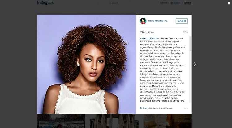 Após receber as injúrias raciais, Sheron publica um desabafo em sua conta oficial no Instagram(foto: Instagram/sheronmenezzes/Reprodução) Após receber as injúrias raciais, Sheron publica um desabafo em sua conta oficial no Instagram(foto: Instagram/sheronmenezzes/Reprodução)