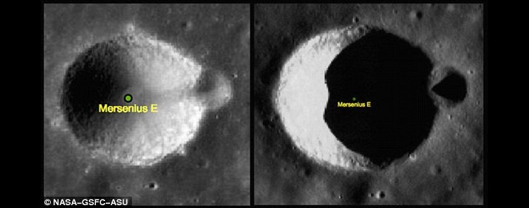 Nesta imagem é possível ver a comparação da cratera Mersenius E com o Sol a pino, na esquerda, e com ele no horizonte, à direita, o que desfaz a ilusão de ótica(foto: Nasa/GSFC/ASU/Reprodução) Nesta imagem é possível ver a comparação da cratera Mersenius E com o Sol a pino, na esquerda, e com ele no horizonte, à direita, o que desfaz a ilusão de ótica(foto: Nasa/GSFC/ASU/Reprodução)