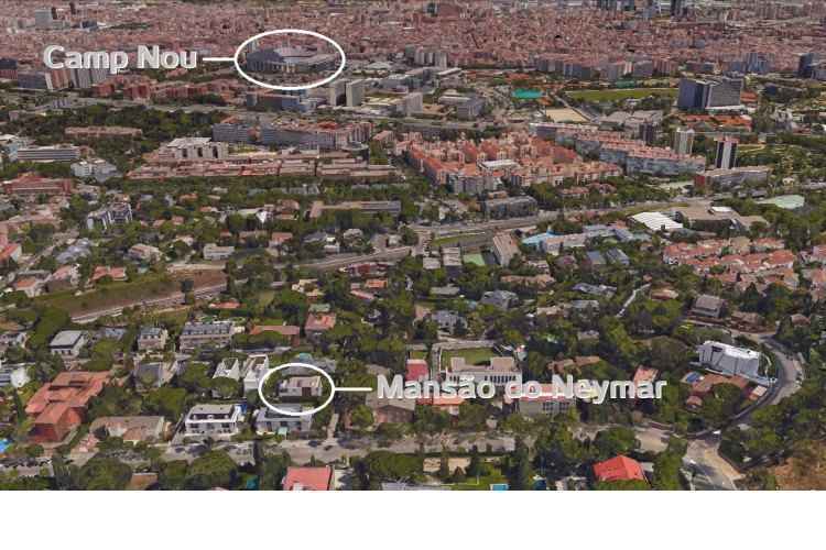 Da mansão de Neymar é possível ter uma vista privilegiada do estádio do Barcelona, o famoso Camp Nou(foto: Google Maps/Reprodução) Da mansão de Neymar é possível ter uma vista privilegiada do estádio do Barcelona, o famoso Camp Nou(foto: Google Maps/Reprodução)