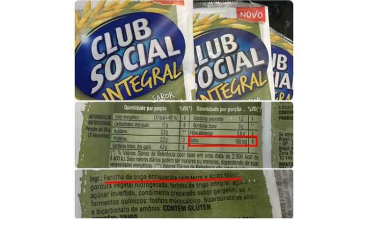 Rótulo do biscoito considerado integral mostra que o ingrediente mais usado (primeiro lugar na lista) é a farinha de trigo comum. Além disso, o teor de sódio é bem alto, como alertou o nutricionista(foto: Instagram/meuladosaudavel/Reprodução) Rótulo do biscoito considerado integral mostra que o ingrediente mais usado (primeiro lugar na lista) é a farinha de trigo comum. Além disso, o teor de sódio é bem alto, como alertou o nutricionista(foto: Instagram/meuladosaudavel/Reprodução)